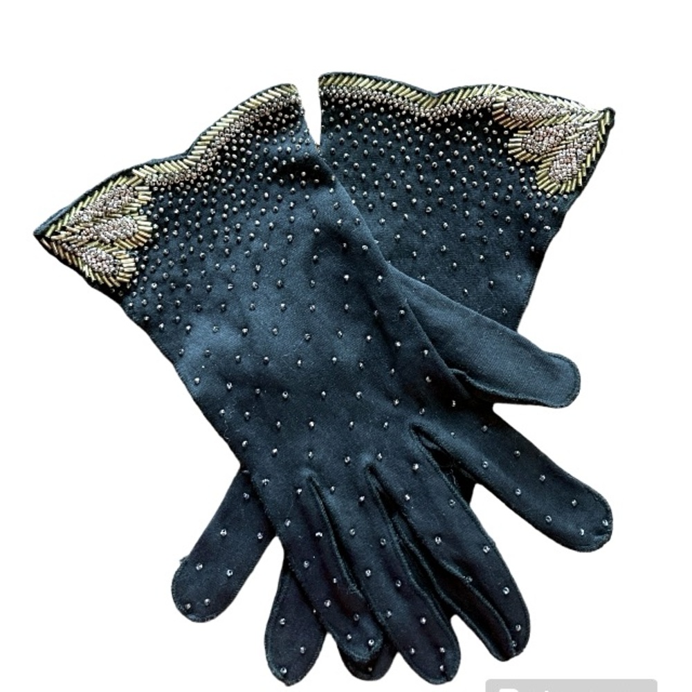 Vintage Betty Clemo Couture Black Gloves W/Gold Beading 6&1/2